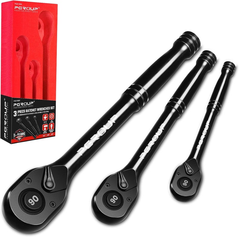pgroup 3-Piece 90 Tooth Ratchet Wrench Set, 1/4”, 3/8”, 1/2” Drive Reversible Ratchets, 4-Degree Swing, Ergonomic Handle, Chrome Alloy Made, Quick Release Ratchet Wrenches for Repairing, Home, DIY - Image 1